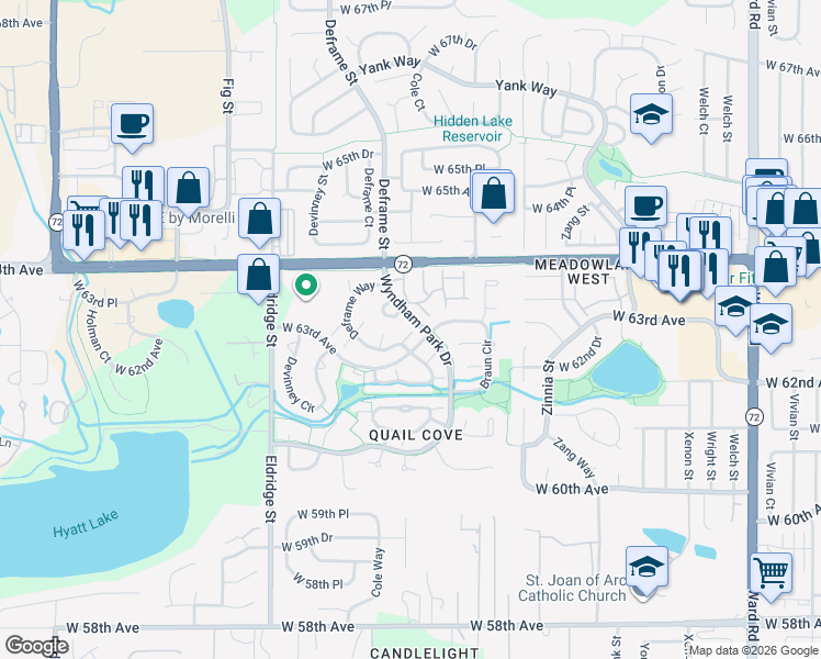 map of restaurants, bars, coffee shops, grocery stores, and more near 6310 Deframe Way in Arvada