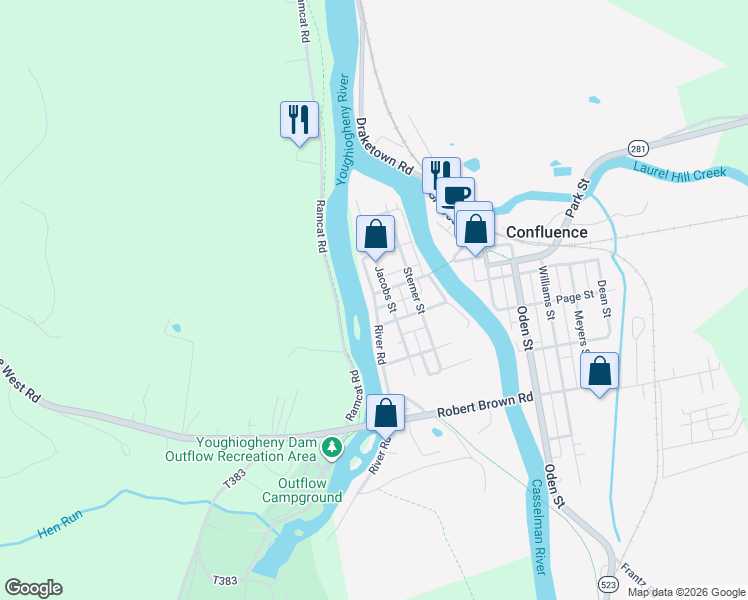 map of restaurants, bars, coffee shops, grocery stores, and more near 524 Jacobs Street in Confluence