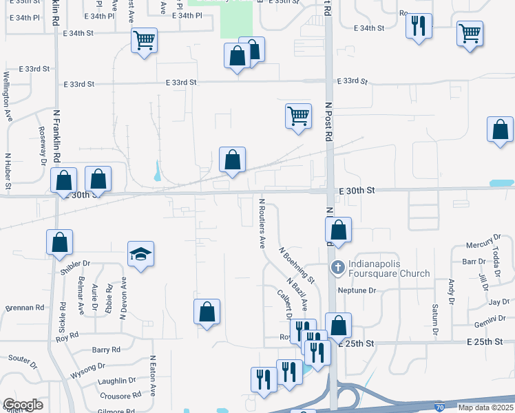 map of restaurants, bars, coffee shops, grocery stores, and more near 2908 North Routiers Avenue in Indianapolis