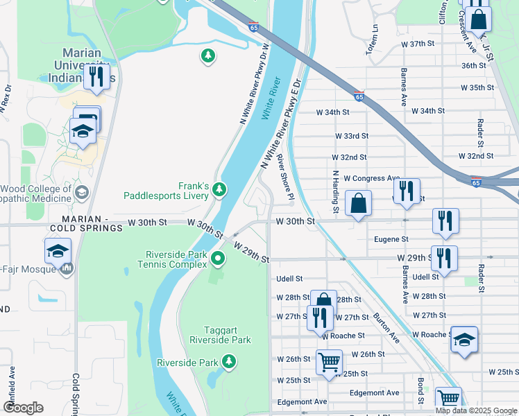 map of restaurants, bars, coffee shops, grocery stores, and more near 3011 Skylar Lane in Indianapolis