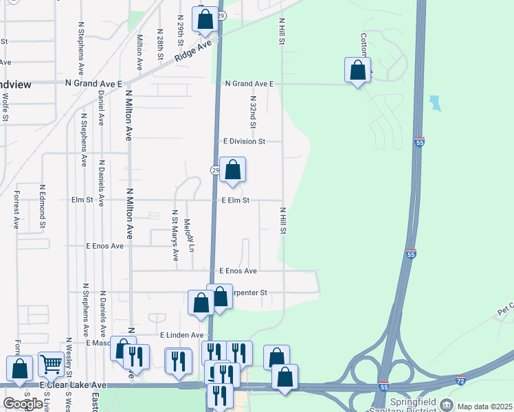 map of restaurants, bars, coffee shops, grocery stores, and more near 3254 East Elm Street in Springfield