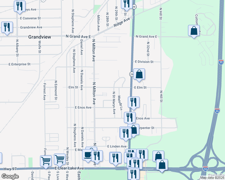 map of restaurants, bars, coffee shops, grocery stores, and more near 709 North Saint Marys Avenue in Springfield
