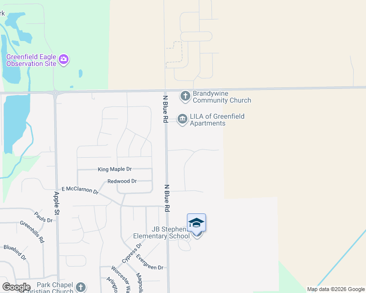 map of restaurants, bars, coffee shops, grocery stores, and more near 1698 North Blue Road in Greenfield