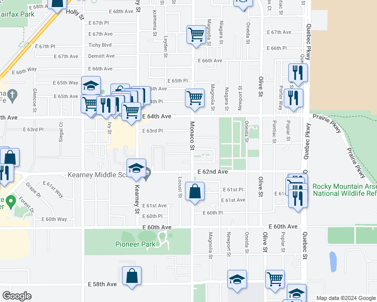 map of restaurants, bars, coffee shops, grocery stores, and more near 6271 Monaco Street in Commerce City