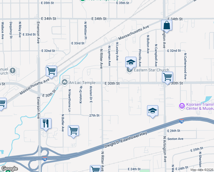 map of restaurants, bars, coffee shops, grocery stores, and more near 5501 East 30th Street in Indianapolis