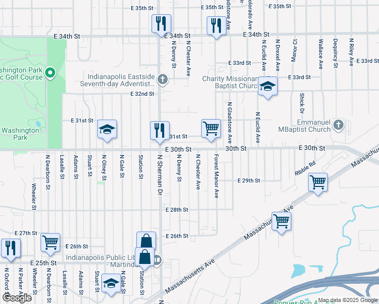 map of restaurants, bars, coffee shops, grocery stores, and more near 3921 East 30th Street in Indianapolis