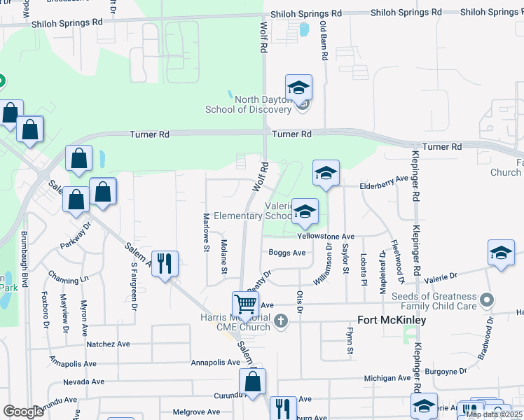 map of restaurants, bars, coffee shops, grocery stores, and more near 4316 Wolf Road in Dayton