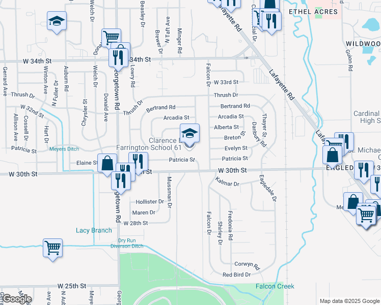 map of restaurants, bars, coffee shops, grocery stores, and more near 4326 Patricia Street in Indianapolis