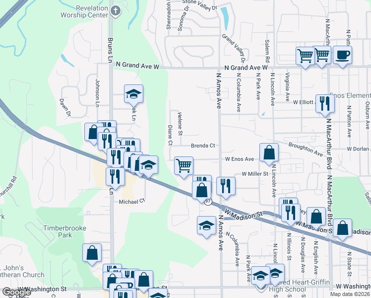 map of restaurants, bars, coffee shops, grocery stores, and more near 1591-1657 W Enos Ave in Springfield