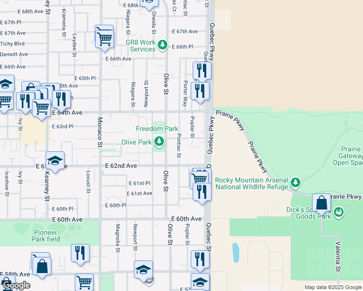 map of restaurants, bars, coffee shops, grocery stores, and more near 6272 Pontiac Street in Commerce City