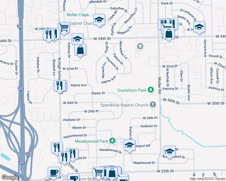 map of restaurants, bars, coffee shops, grocery stores, and more near 5743 Elaine Street in Speedway