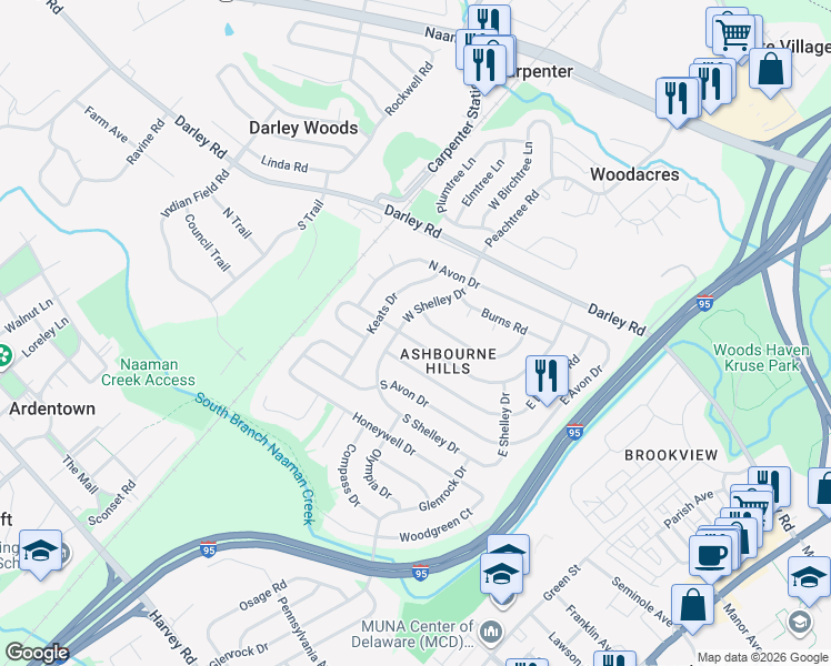 map of restaurants, bars, coffee shops, grocery stores, and more near 59 Ruby Drive in Claymont