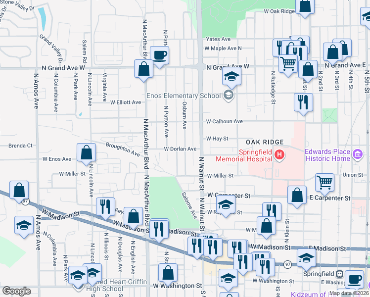 map of restaurants, bars, coffee shops, grocery stores, and more near 801 Osburn Avenue in Springfield