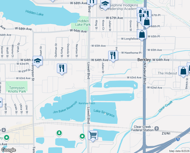 map of restaurants, bars, coffee shops, grocery stores, and more near 3390 West 63rd Avenue in Denver