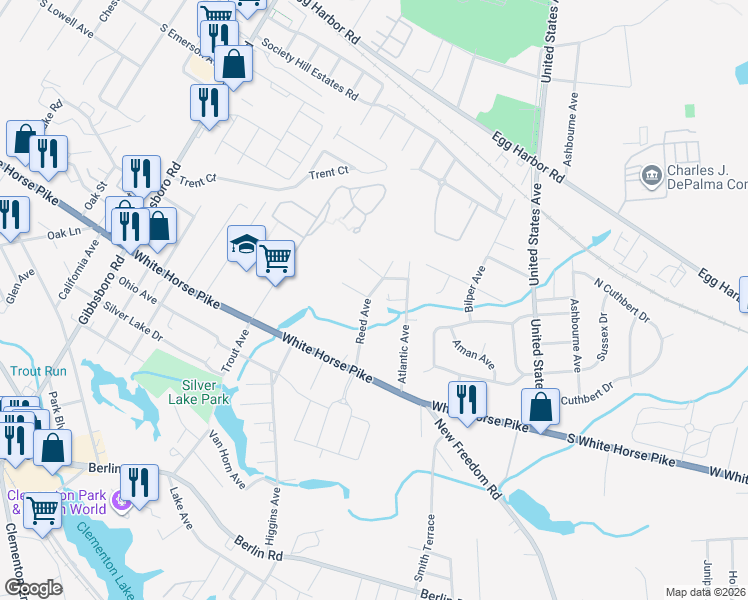 map of restaurants, bars, coffee shops, grocery stores, and more near 20 Reed Avenue in Clementon