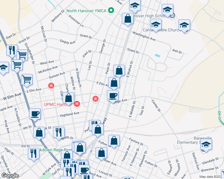 map of restaurants, bars, coffee shops, grocery stores, and more near 642 Broadway in Hanover