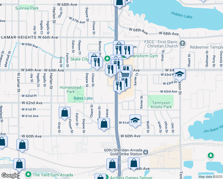 map of restaurants, bars, coffee shops, grocery stores, and more near 6221 Sheridan Blvd in Arvada