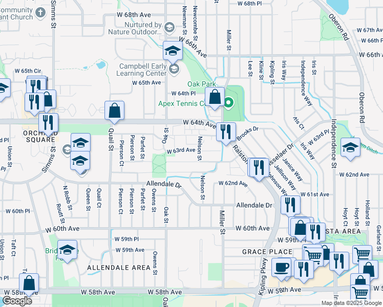 map of restaurants, bars, coffee shops, grocery stores, and more near 10670 West 63rd Avenue in Arvada