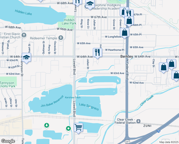 map of restaurants, bars, coffee shops, grocery stores, and more near 3380 West 63rd Avenue in Denver