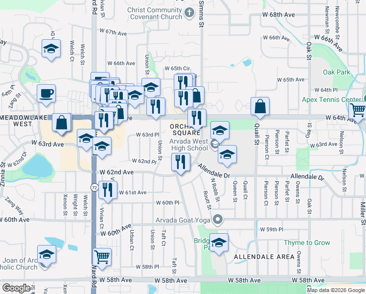 map of restaurants, bars, coffee shops, grocery stores, and more near 11929 West 62nd Place in Arvada