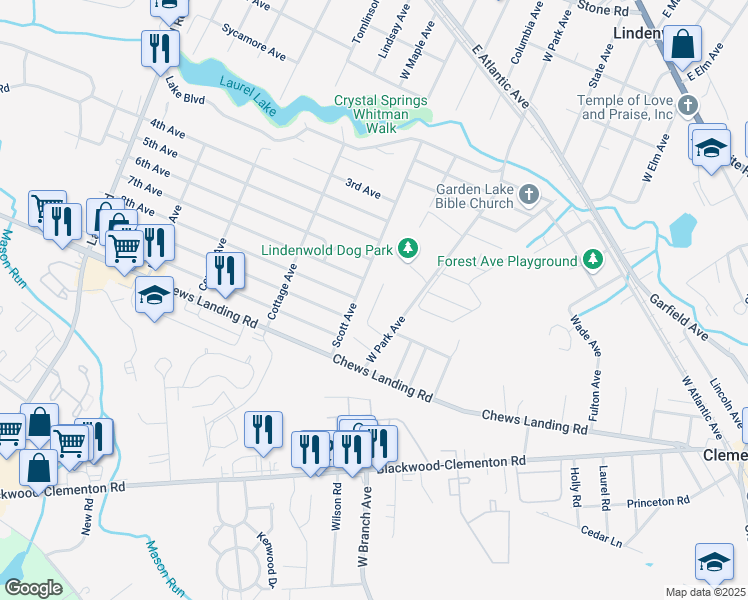 map of restaurants, bars, coffee shops, grocery stores, and more near 15 Wright Avenue in Lindenwold