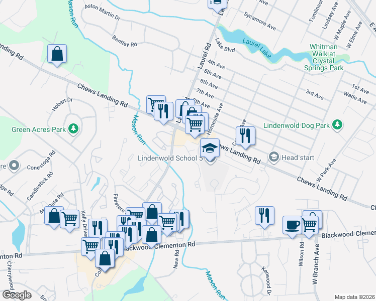 map of restaurants, bars, coffee shops, grocery stores, and more near 1621 Laurel Road in Lindenwold