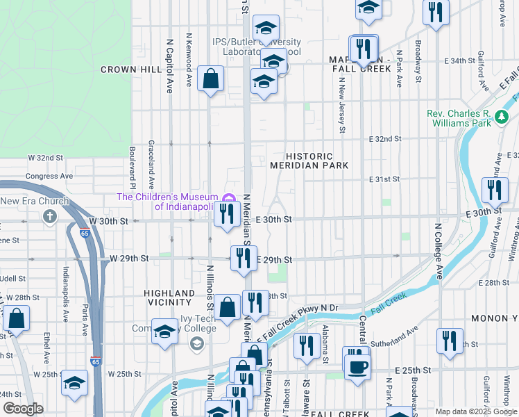 map of restaurants, bars, coffee shops, grocery stores, and more near 2955 North Pennsylvania Street in Indianapolis