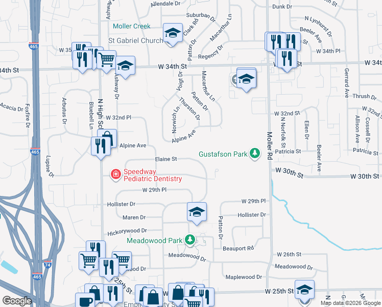 map of restaurants, bars, coffee shops, grocery stores, and more near 5743 Elaine Street in Speedway