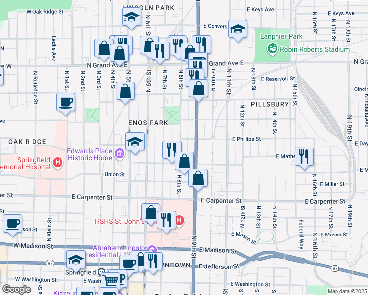 map of restaurants, bars, coffee shops, grocery stores, and more near 812 North 8th Street in Springfield