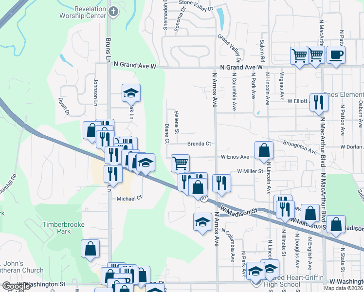 map of restaurants, bars, coffee shops, grocery stores, and more near 1591-1657 W Enos Ave in Springfield