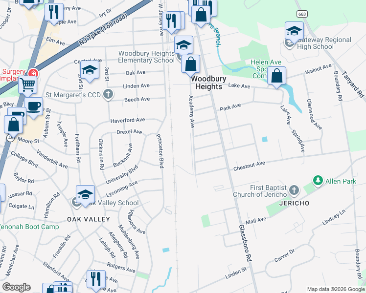 map of restaurants, bars, coffee shops, grocery stores, and more near 480-534 Academy Avenue in Woodbury Heights