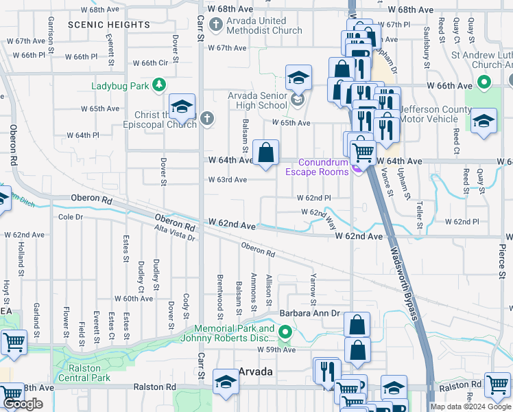 map of restaurants, bars, coffee shops, grocery stores, and more near 6245 Ammons Drive in Arvada