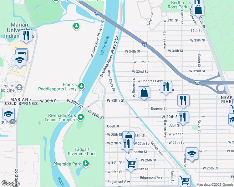 map of restaurants, bars, coffee shops, grocery stores, and more near 1706 West 30th Street in Indianapolis