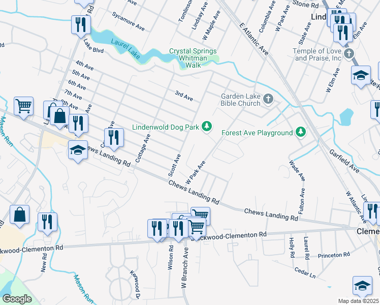 map of restaurants, bars, coffee shops, grocery stores, and more near 15 Wright Avenue in Lindenwold