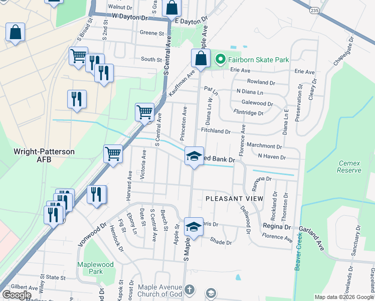 map of restaurants, bars, coffee shops, grocery stores, and more near 917 South Maple Avenue in Fairborn