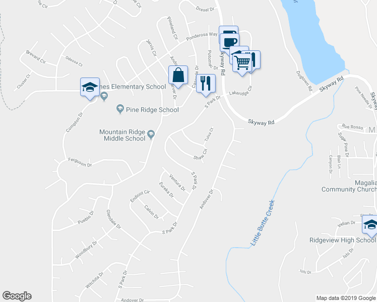 map of restaurants, bars, coffee shops, grocery stores, and more near 6457 Shaw Circle in Magalia