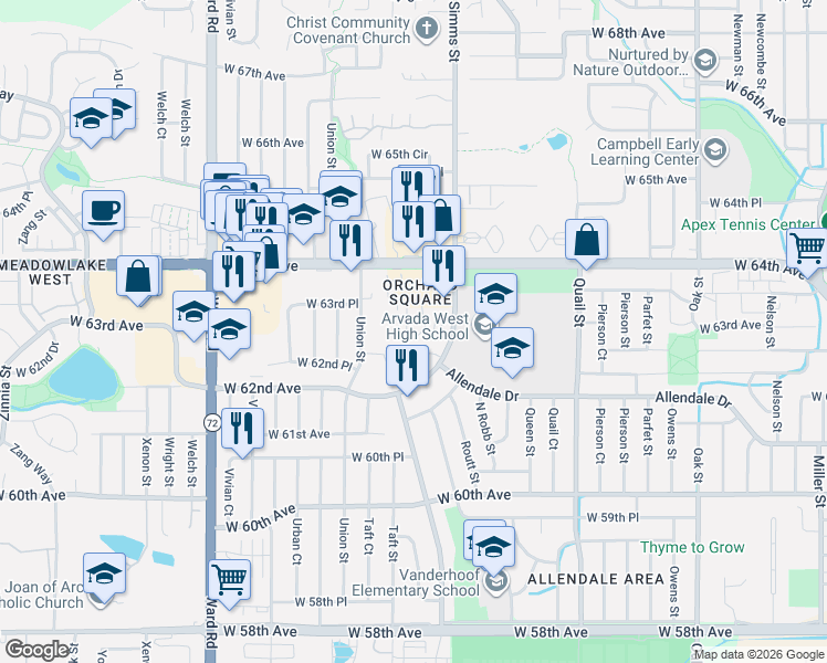 map of restaurants, bars, coffee shops, grocery stores, and more near 11624 West 62nd Place in Arvada