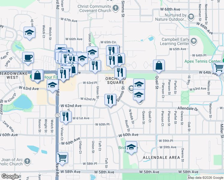 map of restaurants, bars, coffee shops, grocery stores, and more near 11624 West 62nd Place in Arvada