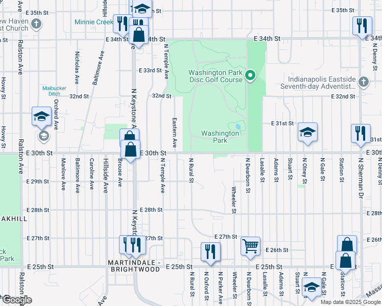 map of restaurants, bars, coffee shops, grocery stores, and more near 3001 Officer David S. Moore Memorial Parkway in Indianapolis