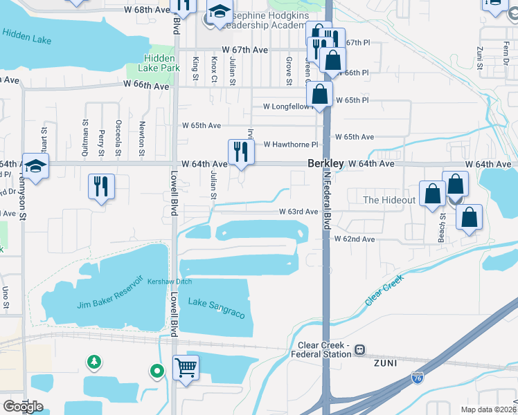 map of restaurants, bars, coffee shops, grocery stores, and more near 3165 West 63rd Avenue in Denver