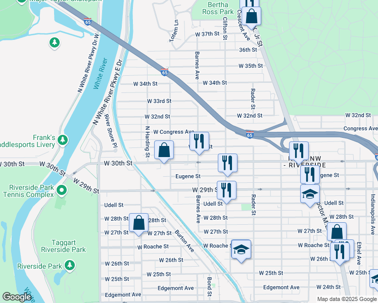 map of restaurants, bars, coffee shops, grocery stores, and more near 1228 West 31st Street in Indianapolis