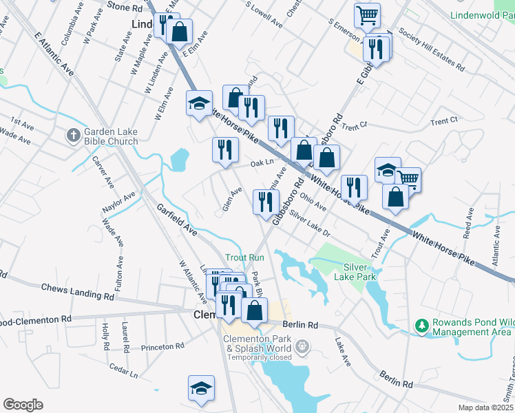 map of restaurants, bars, coffee shops, grocery stores, and more near 19 Silver Lake Drive in Clementon