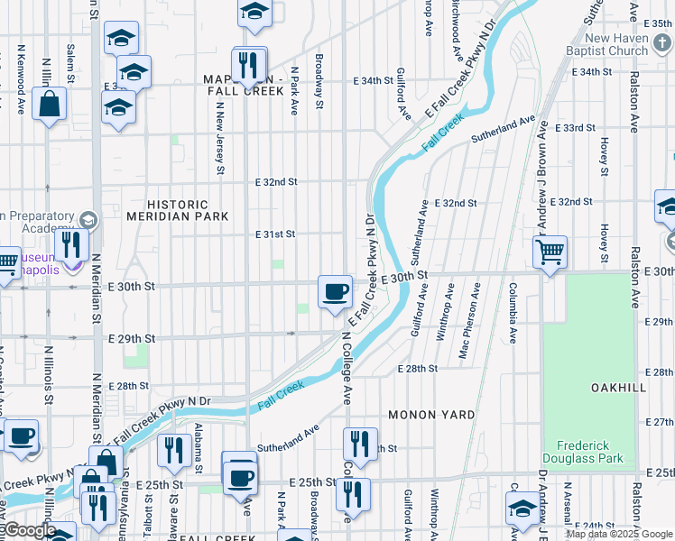 map of restaurants, bars, coffee shops, grocery stores, and more near 3032 North College Avenue in Indianapolis