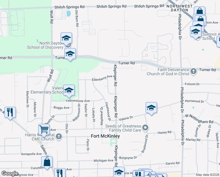 map of restaurants, bars, coffee shops, grocery stores, and more near 4185 Meadowdale Drive in Dayton