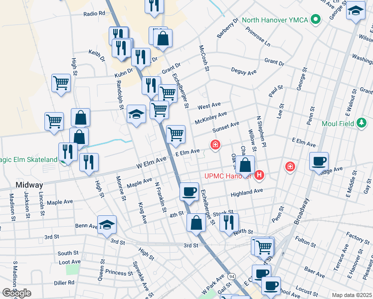 map of restaurants, bars, coffee shops, grocery stores, and more near 60 East Elm Avenue in Hanover