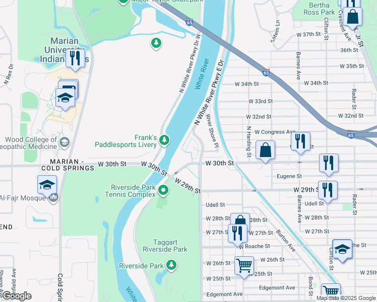 map of restaurants, bars, coffee shops, grocery stores, and more near 3109 Skylar Lane in Indianapolis