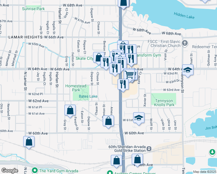 map of restaurants, bars, coffee shops, grocery stores, and more near 5430 West 64th Avenue in Arvada