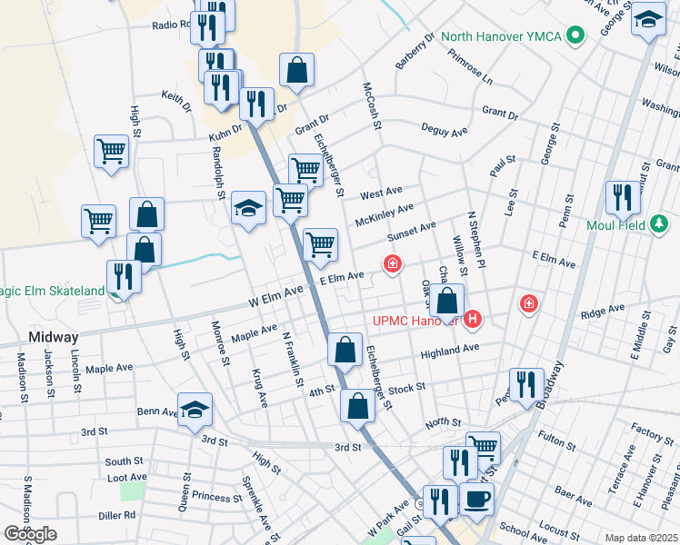 map of restaurants, bars, coffee shops, grocery stores, and more near 60 East Elm Avenue in Hanover
