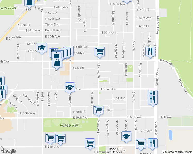 map of restaurants, bars, coffee shops, grocery stores, and more near 6321 Monaco Street in Commerce City