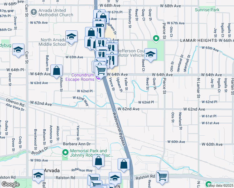 map of restaurants, bars, coffee shops, grocery stores, and more near 6324 Upham Street in Arvada